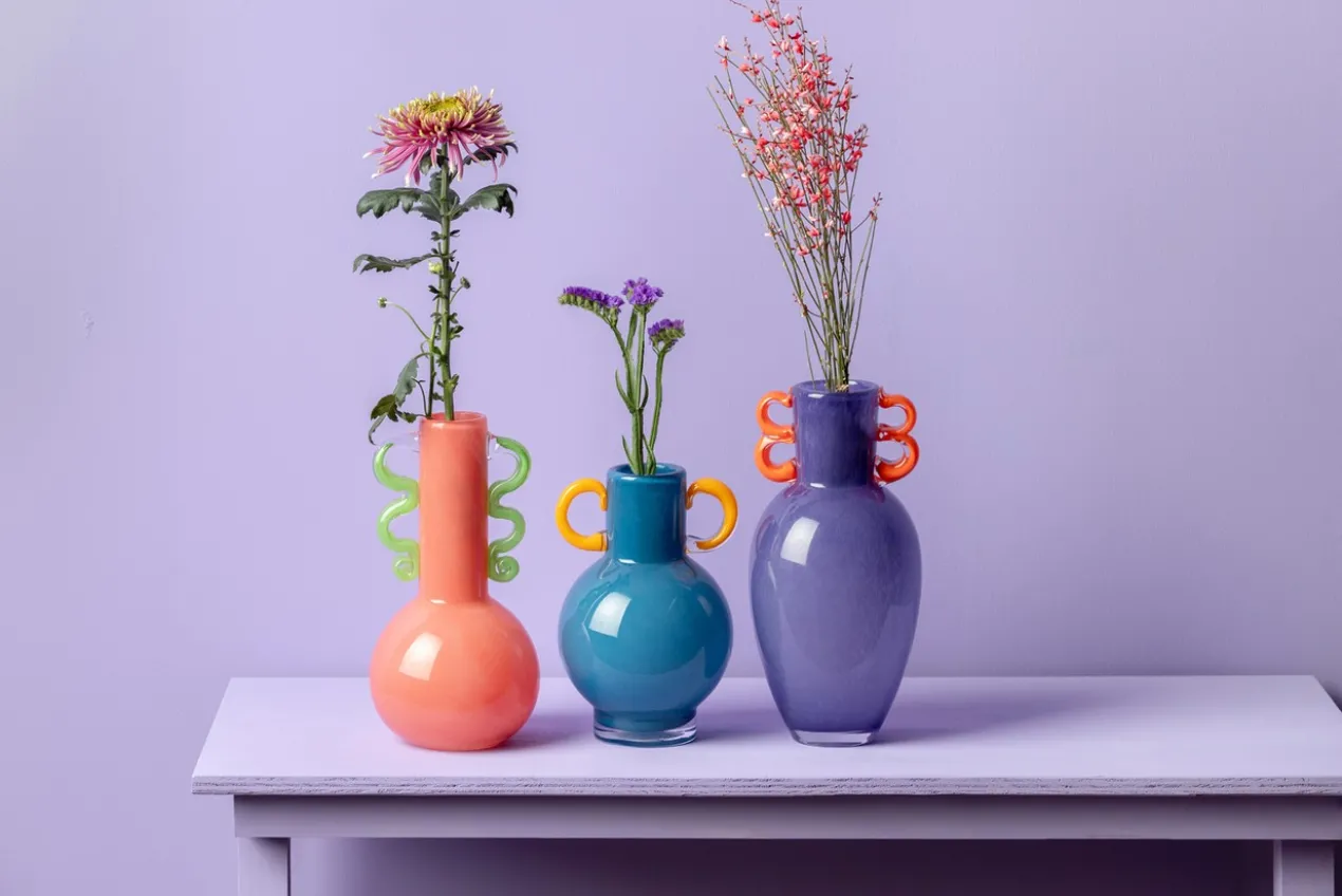 Vase Fiesta glass bright blue, yellow handles
