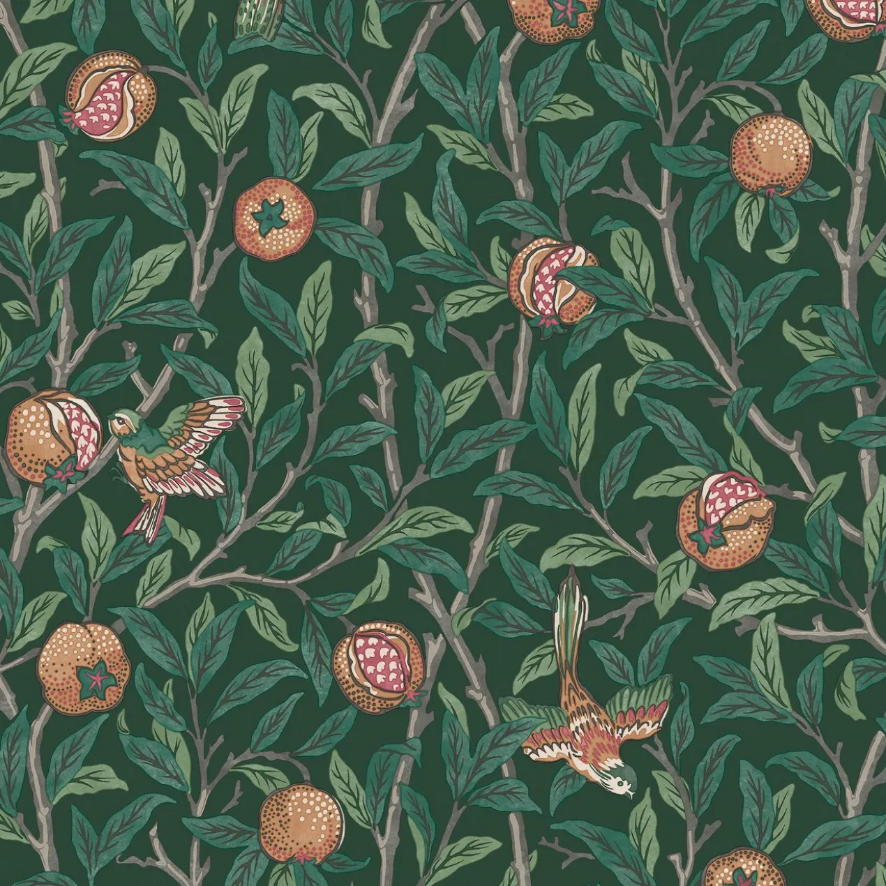 Vliesbehang bird & pomegranate deep green