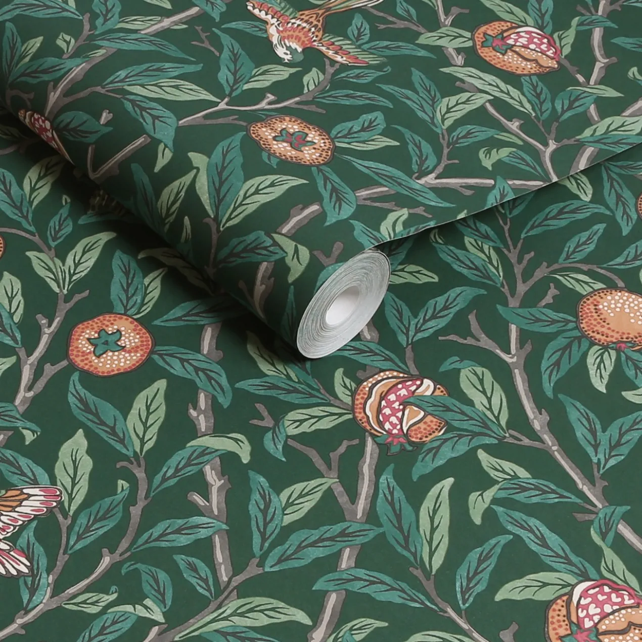 Vliesbehang bird & pomegranate deep green