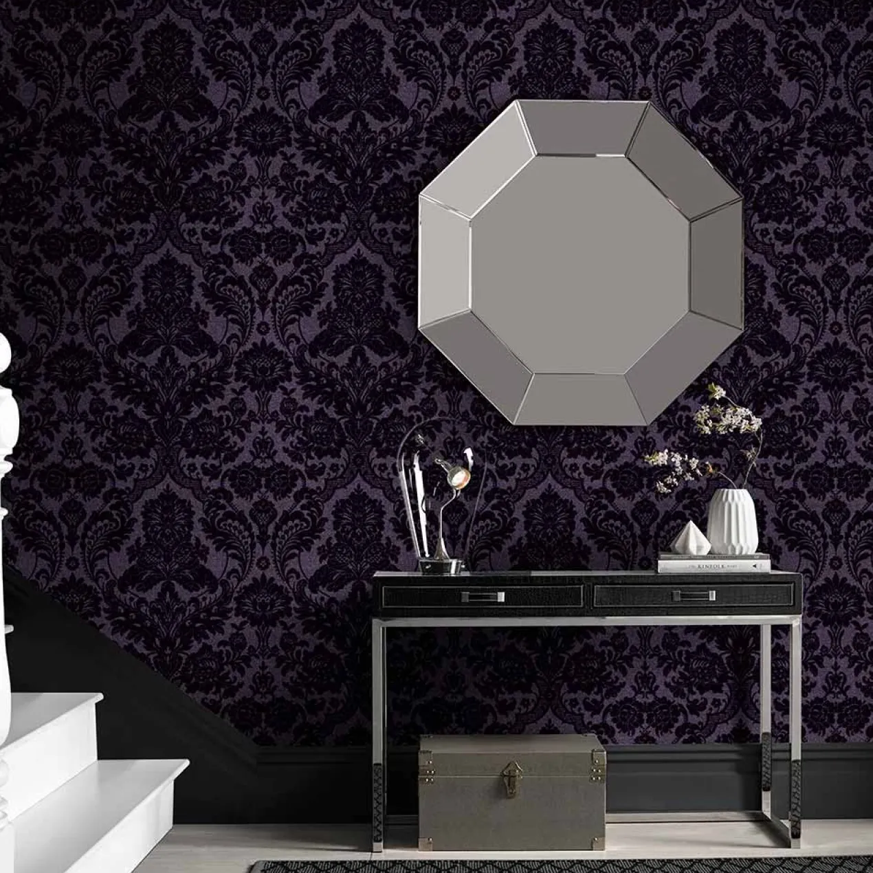 Vliesbehang Gothic Damask Flock Plum