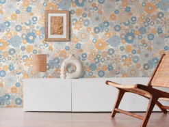Vliesbehang met bloemmotief in retro stijl - blauw, oranje, grijs #1