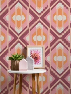 Vliesbehang met geometrische ornamenten in retrostijl - oranje, roze, wit #1