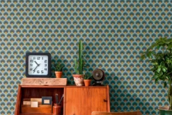 Vliesbehang met retro schubbenpatroon – blauw, bruin, geel #1
