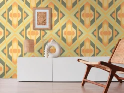 Vliesbehang retro geometrische ornamenten – groen, geel, oranje Geometrische ornamenten in retrostijl op vliesbehang – groen, geel, oranje #1