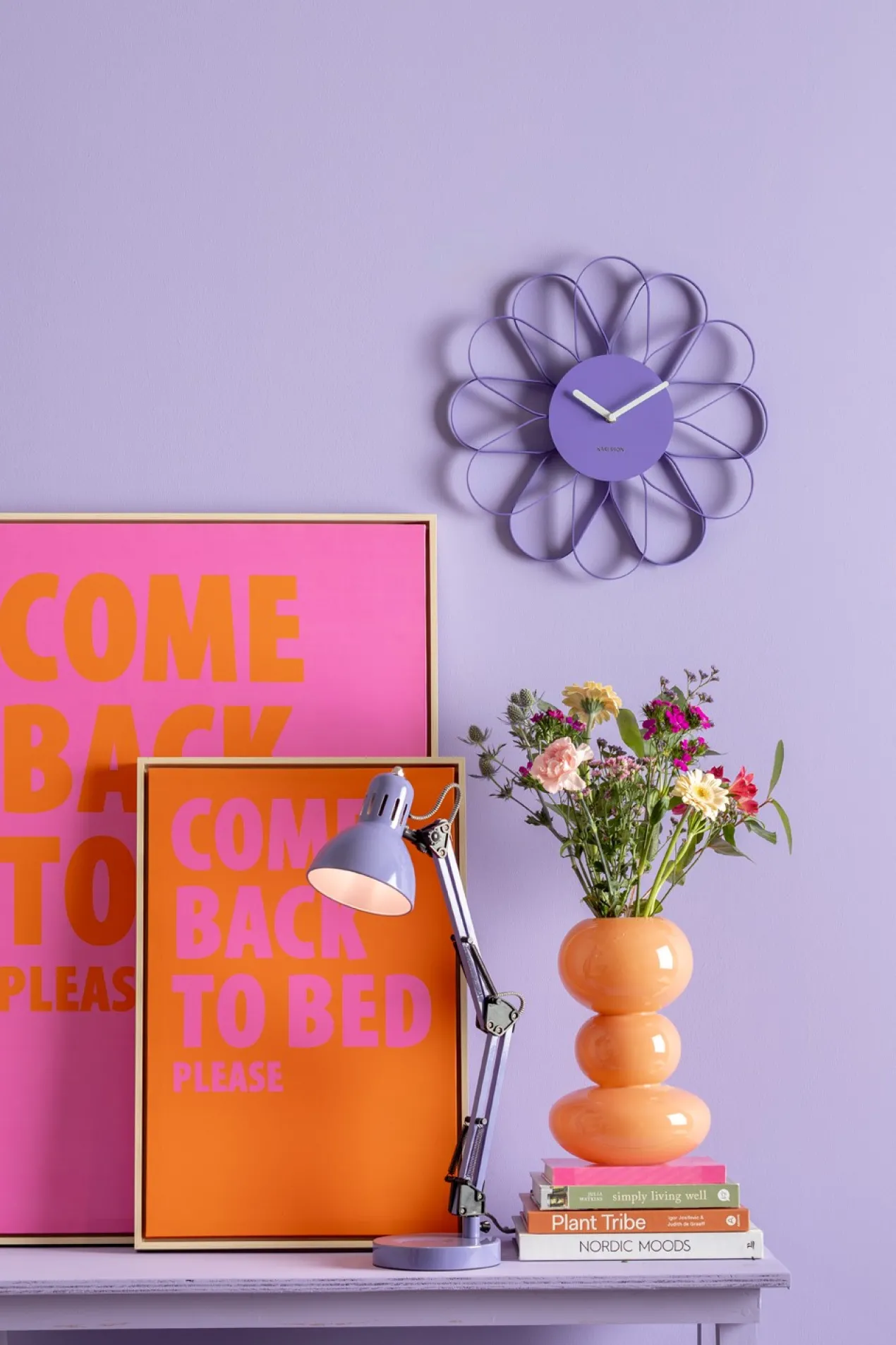 Wall clock Funky Spider bright purple