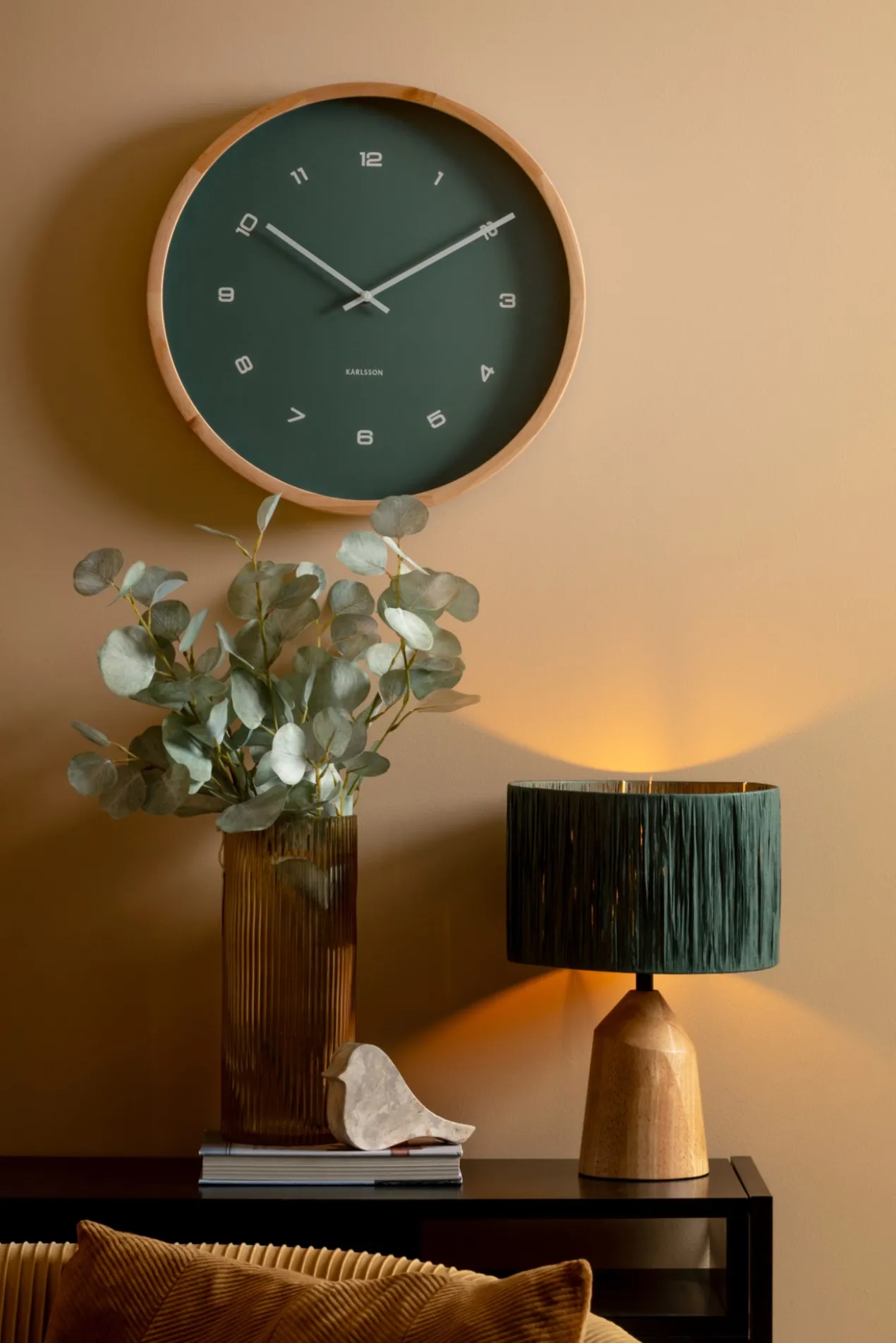Wall clock Modesta light wood jungle green