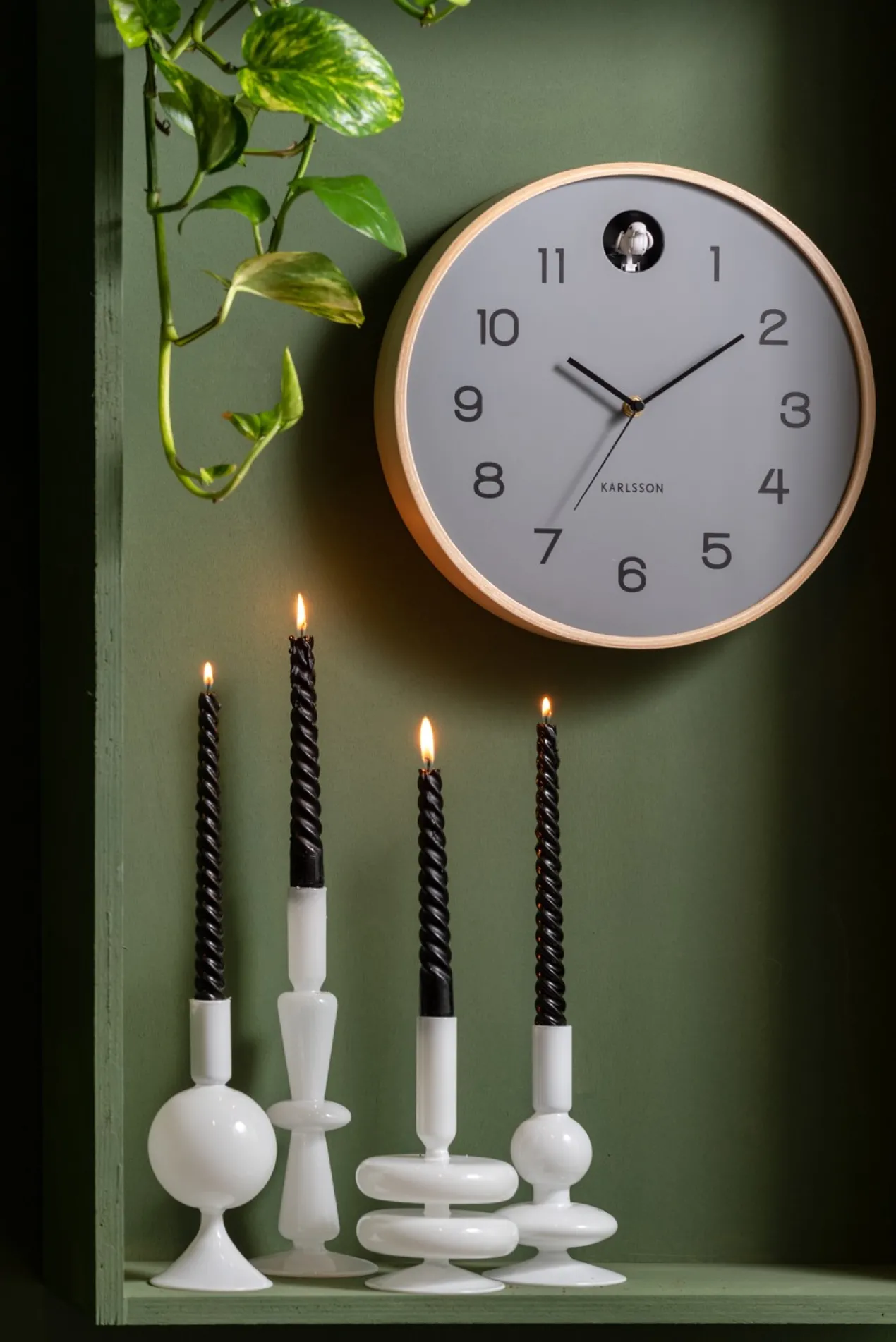 Wall clock Natural Cuckoo birch wood mouse grey
