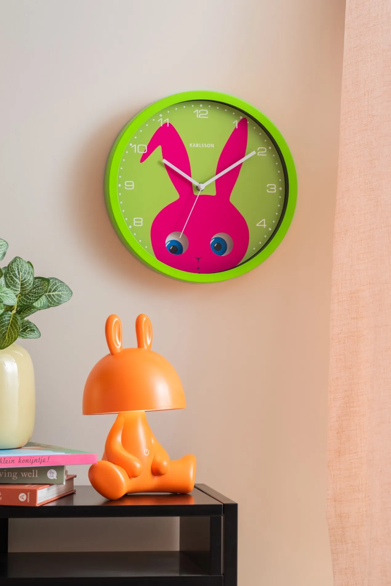 Wall clock Peekaboo Bunny dark green