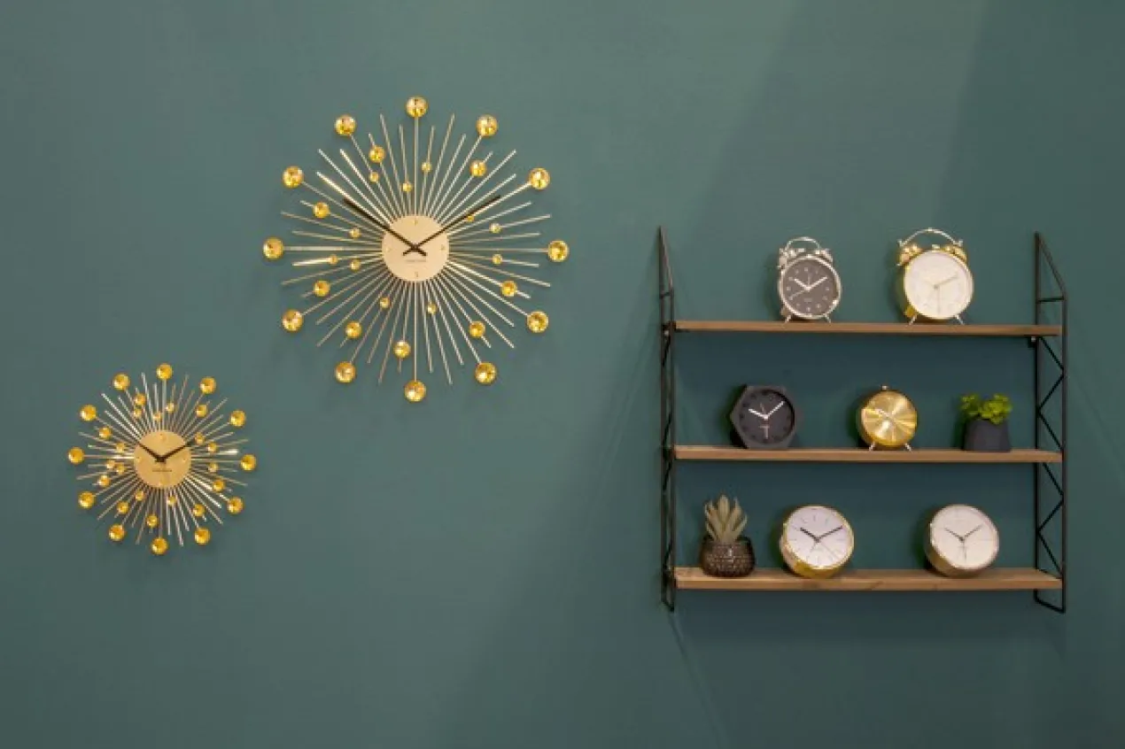 Wall clock Sunburst crystal gold large