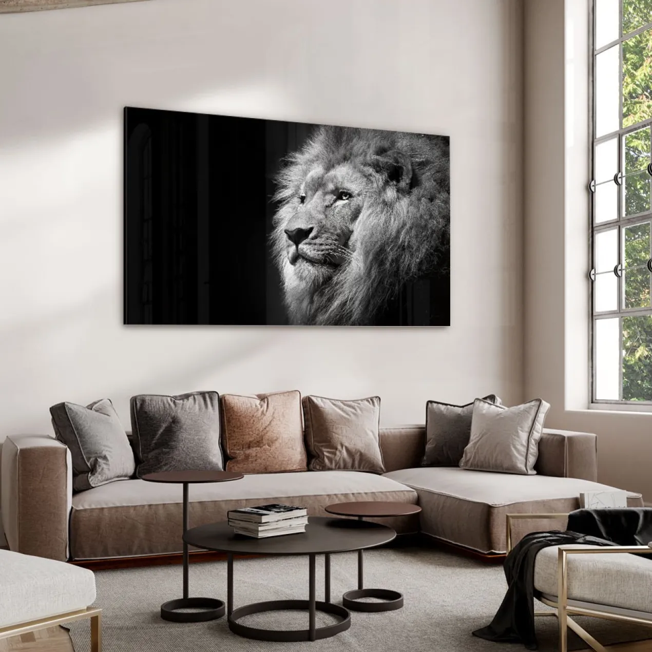 Walljar acrylglas schilderij - Gazing Lion Acrylglas schilderij - 50 x 70 cm