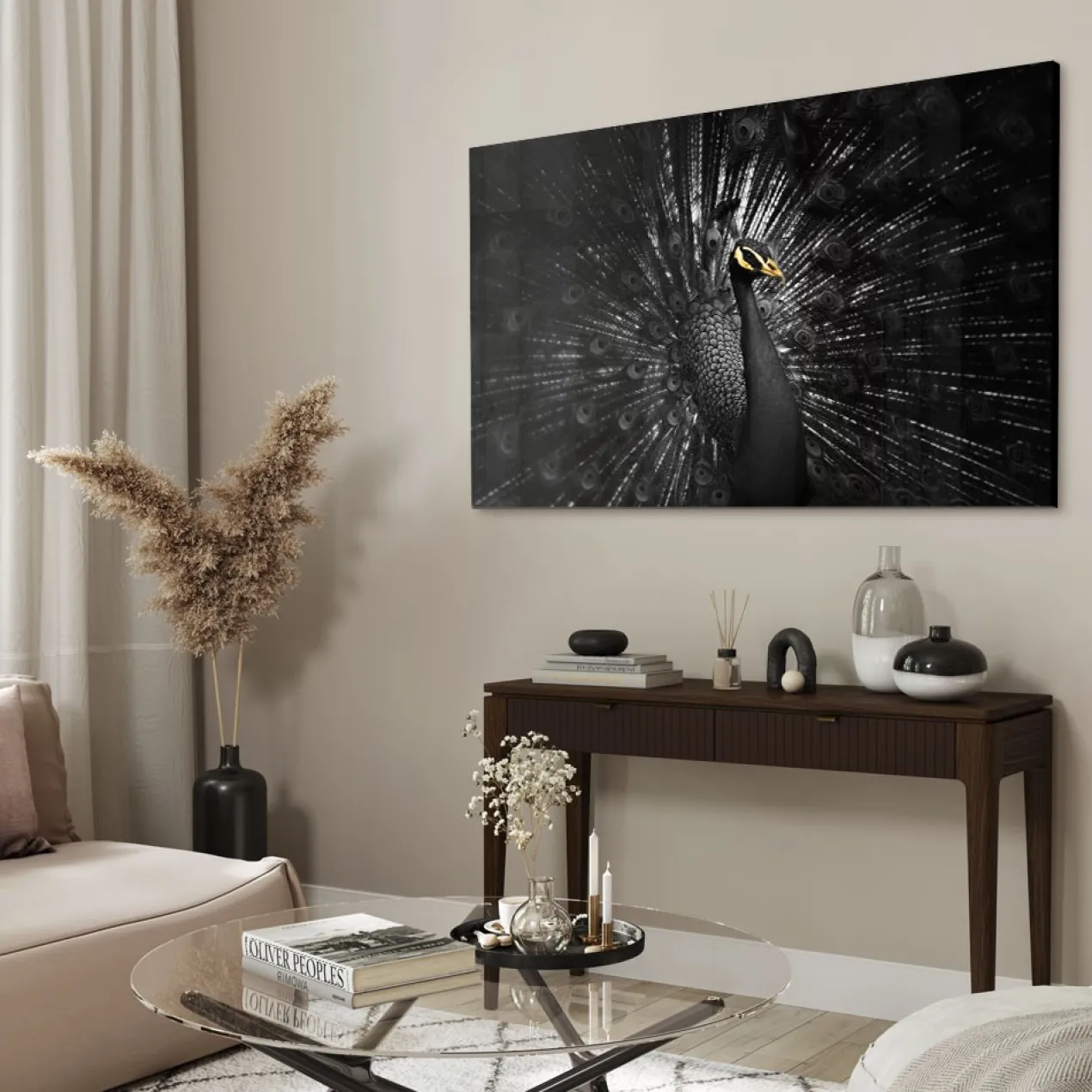 Walljar acrylglas schilderij - Golden Peacock Acrylglas schilderij - 120 x 180 cm