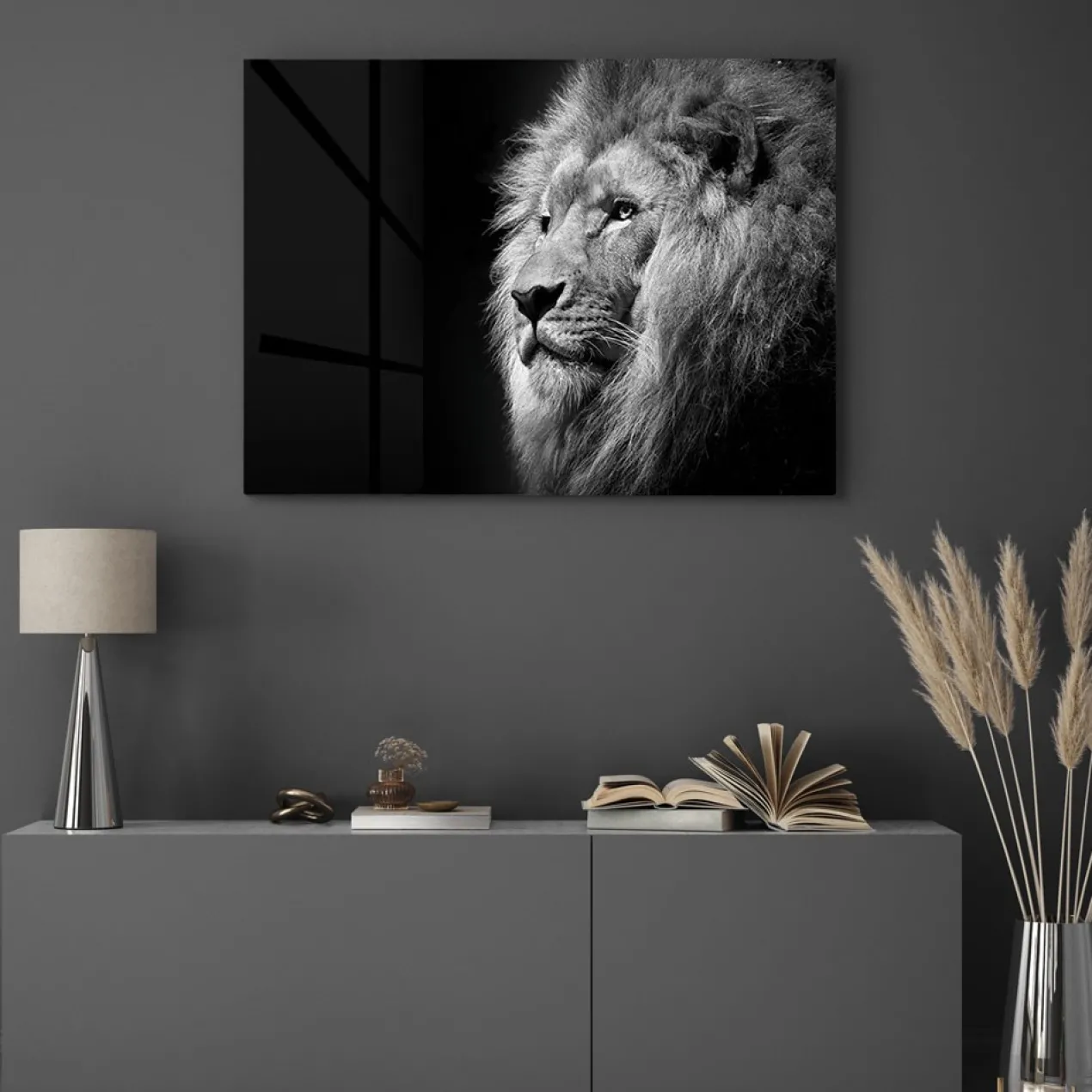 Walljar acrylglas schilderij - Gazing Lion Acrylglas schilderij - 60 x 90 cm