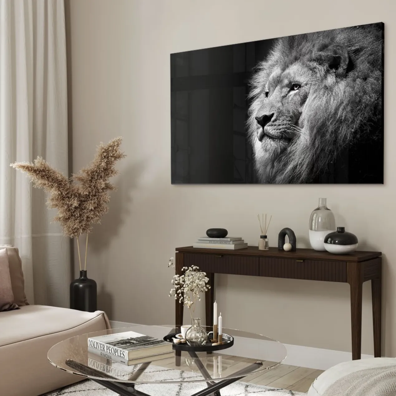 Walljar acrylglas schilderij - Gazing Lion Acrylglas schilderij - 150 x 225 cm