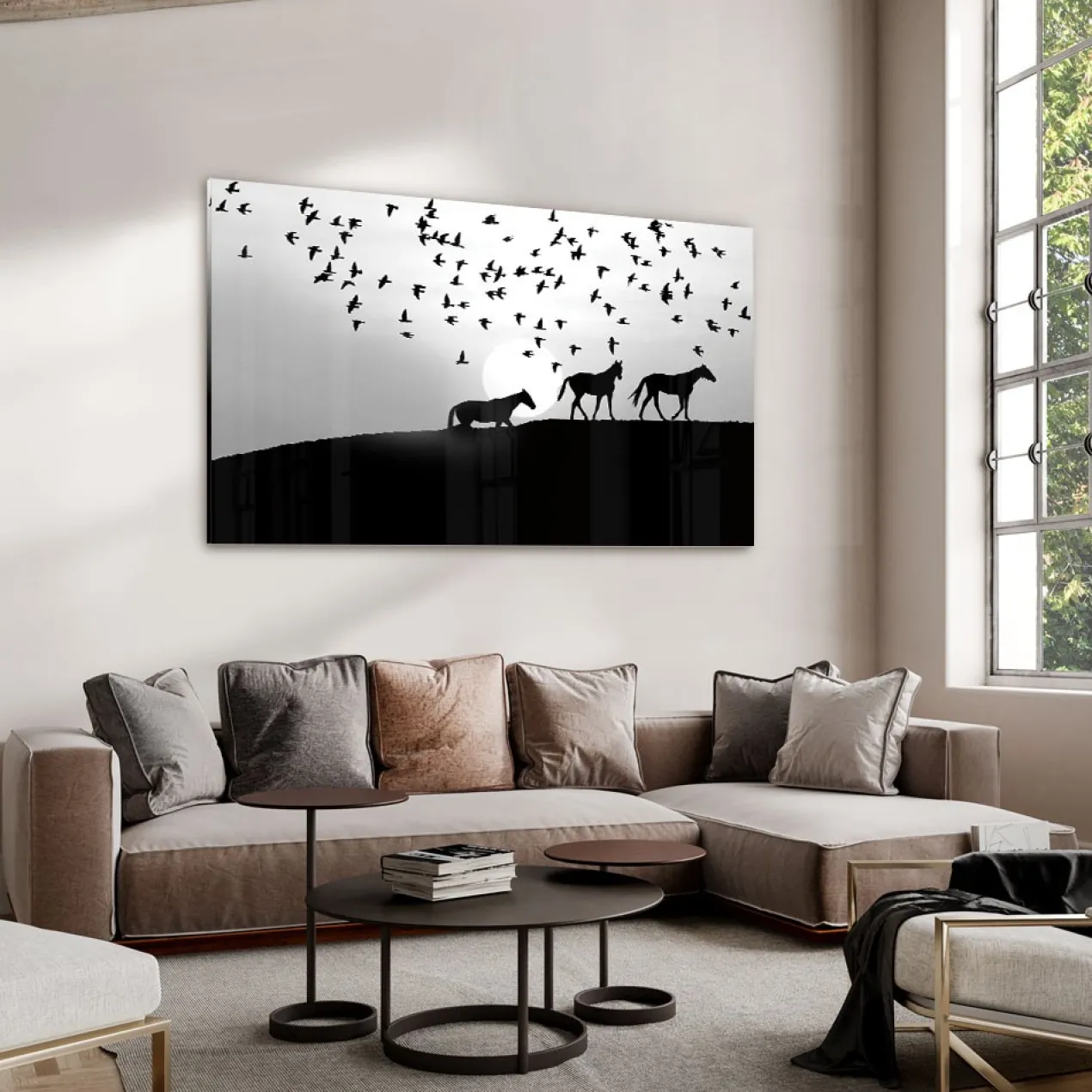 Walljar acrylglas schilderij - Distant Horses Acrylglas schilderij - 120 x 180 cm
