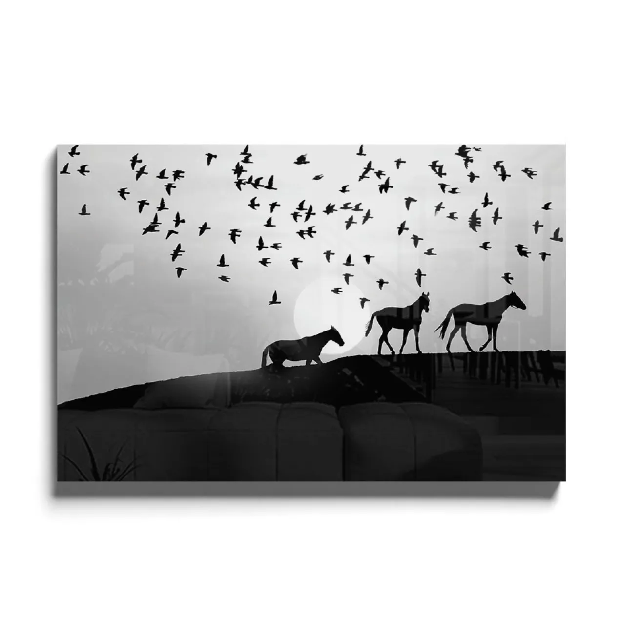 Walljar acrylglas schilderij - Distant Horses Acrylglas schilderij - 150 x 225 cm