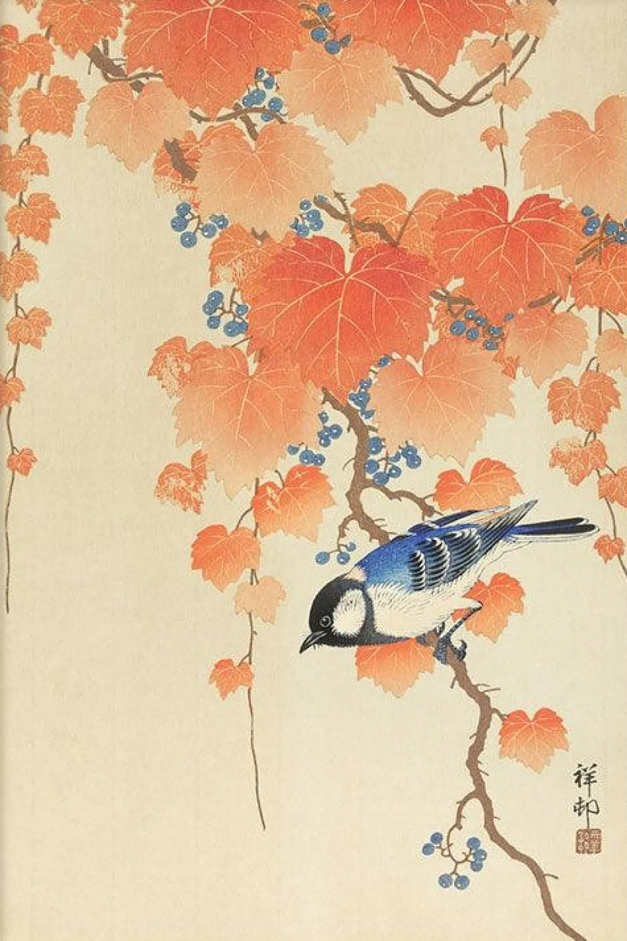 Walljar poster ingelijst - Ohara Koson - Great Tit On Paulownia Branch Poster ingelijst - 50 x 70 cm