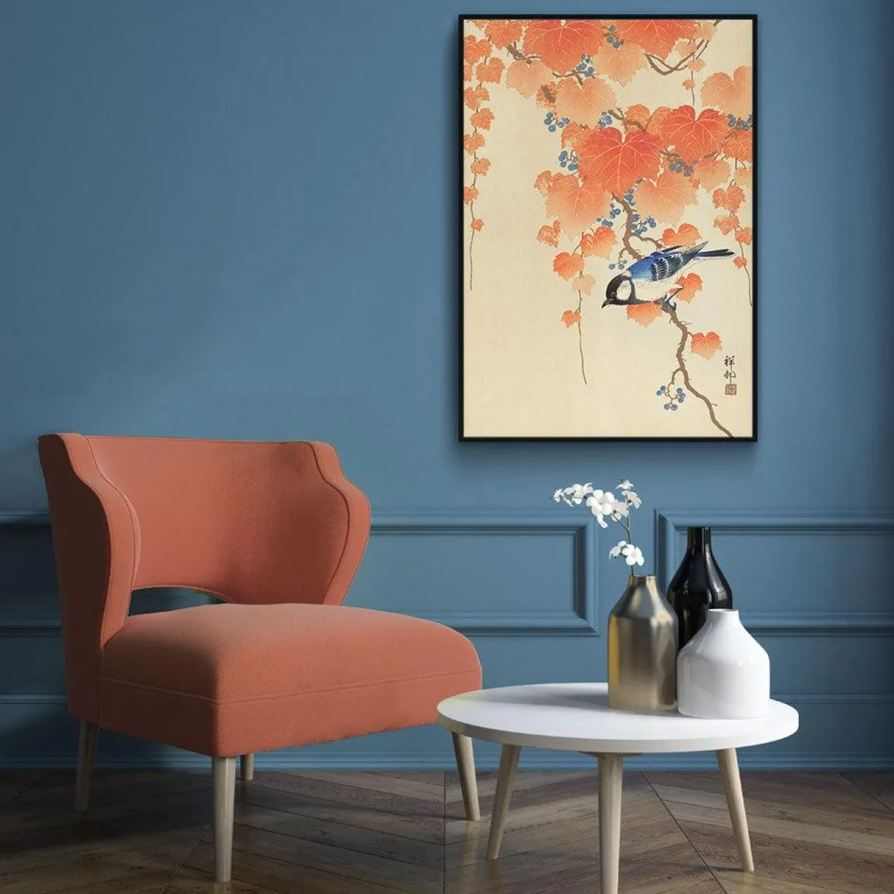 Walljar poster ingelijst - Ohara Koson - Great Tit On Paulownia Branch Poster ingelijst - 50 x 70 cm