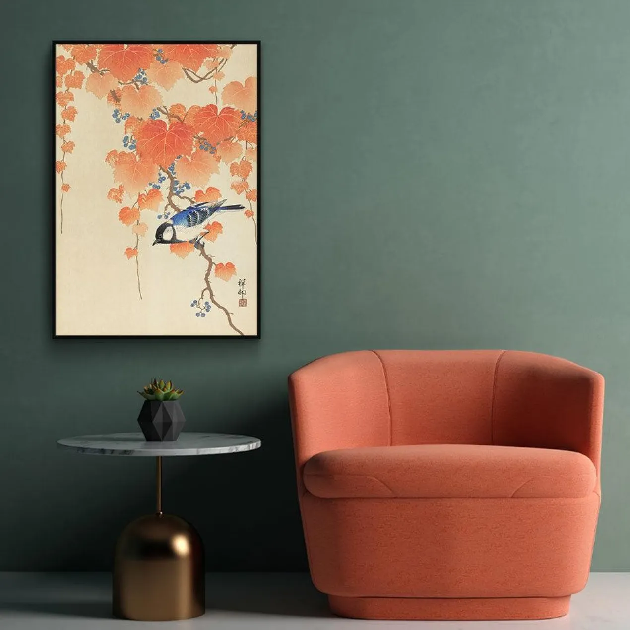 Walljar poster ingelijst - Ohara Koson - Great Tit On Paulownia Branch Poster ingelijst - 50 x 70 cm
