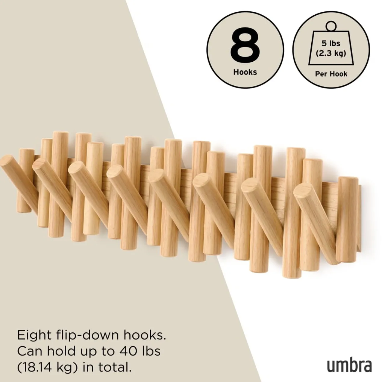 WandkapstokUmbra Picket 8 haken naturel hout