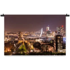 Wandkleed Skyline van Rotterdam in de avond gezien. 210 x 150 cm