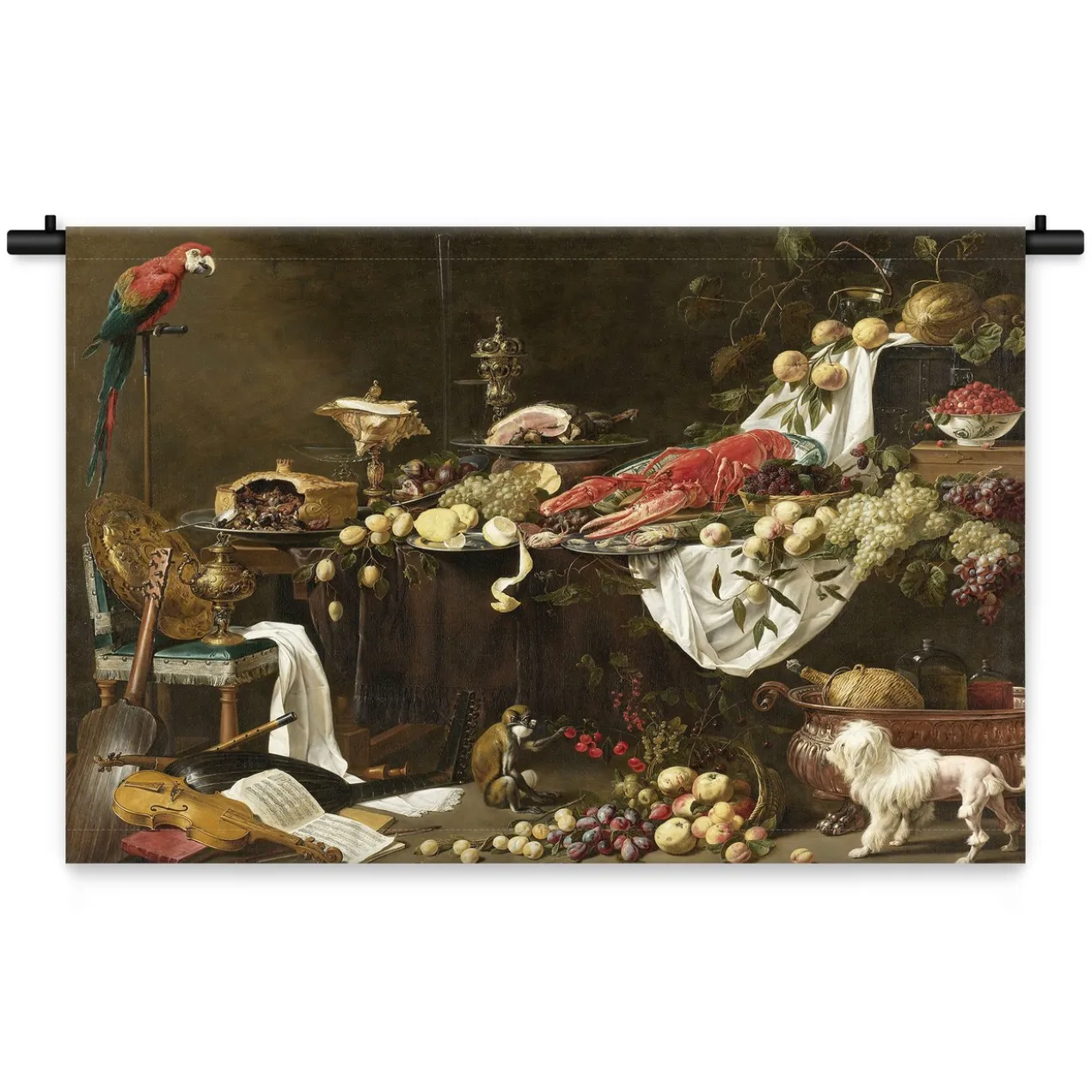 Wandkleed Stilleven met hond en papegaai 180 x 120
