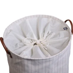 Wasmand leren hengsels stripe beige/naturel Ø42 cm